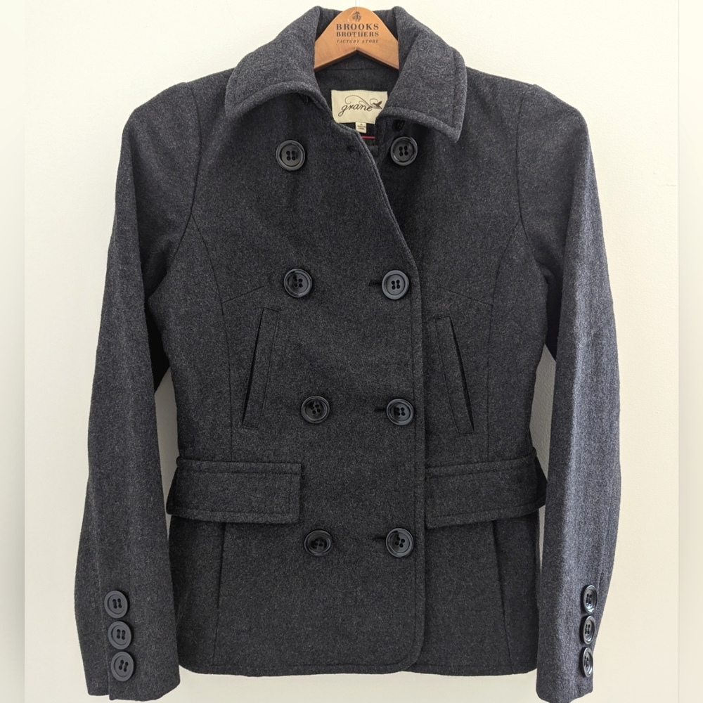 Wool Blend Double Breasted Peacoat WOMEN'S S Charcoal Gray Lined Pea Coat Jacket